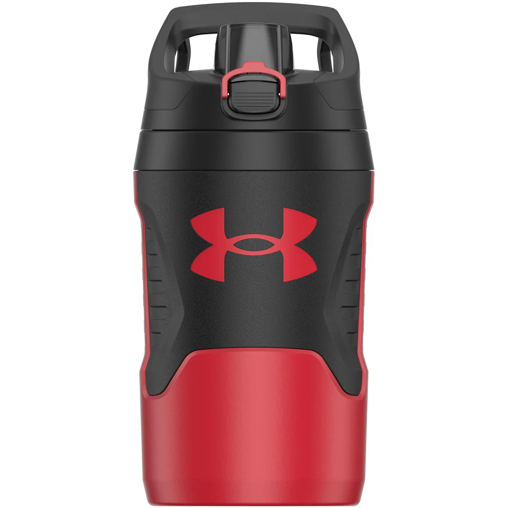 Red and black water bottle with Under Armour logo on a white background
