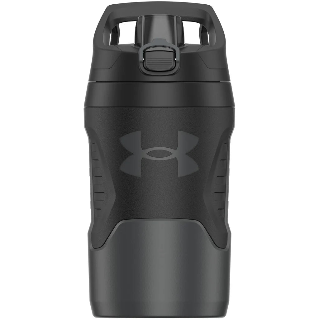 Black water bottle with Under Armour logo on a white background