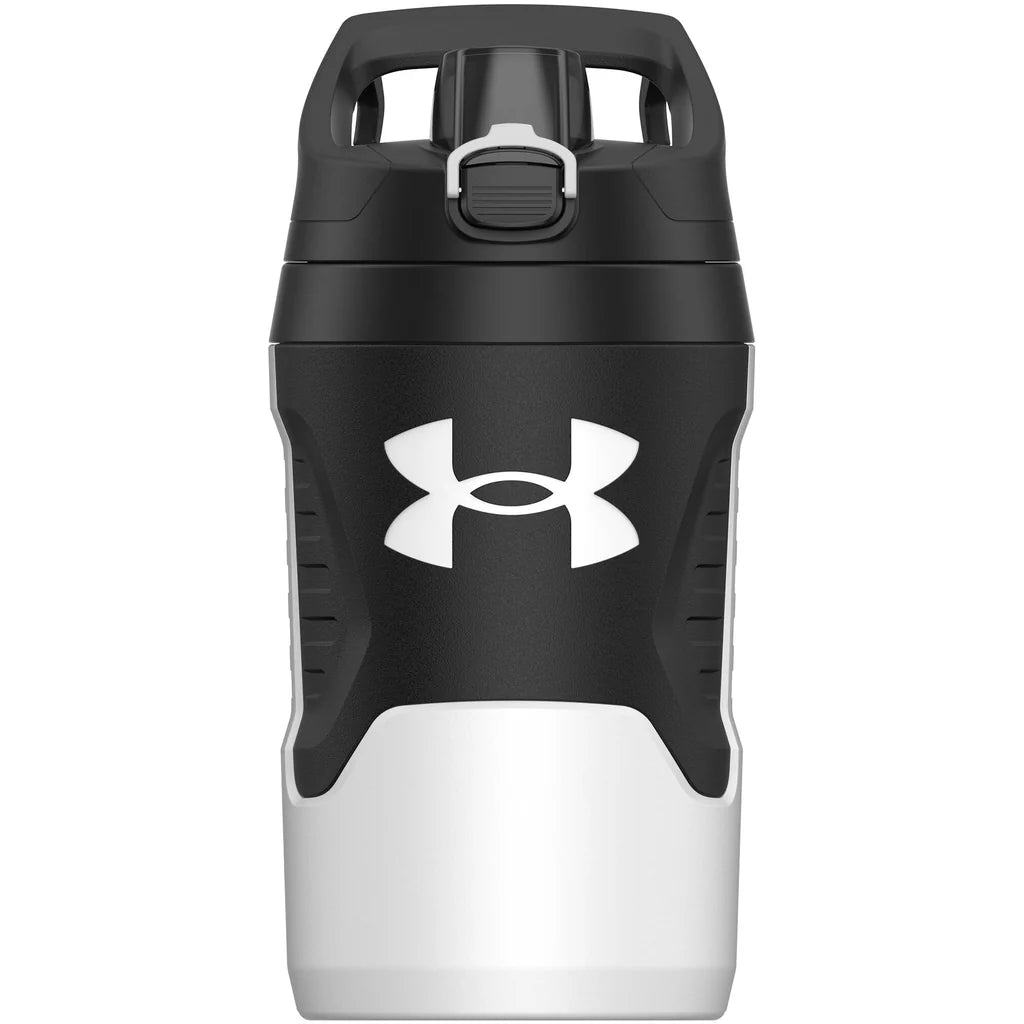 Black and white water bottle with Under Armour logo on a white background