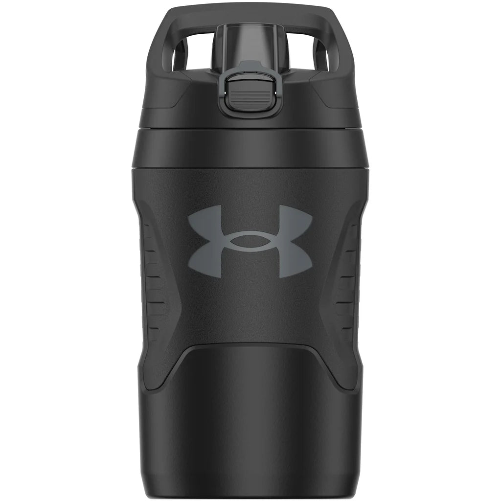 Black water bottle with Under Armour logo on a white background