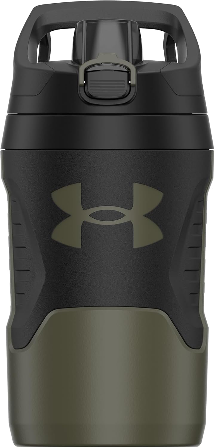 Black and green Under Armour water bottle on a white background