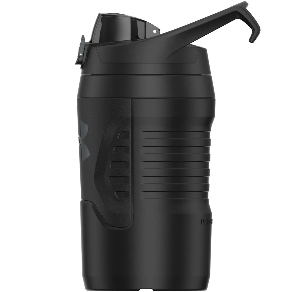 Black shaker bottle with a handle on a white background
