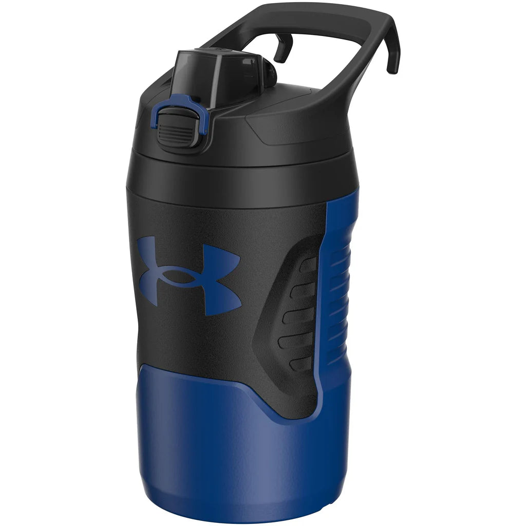 Black and blue water bottle with Under Armour logo on a white background