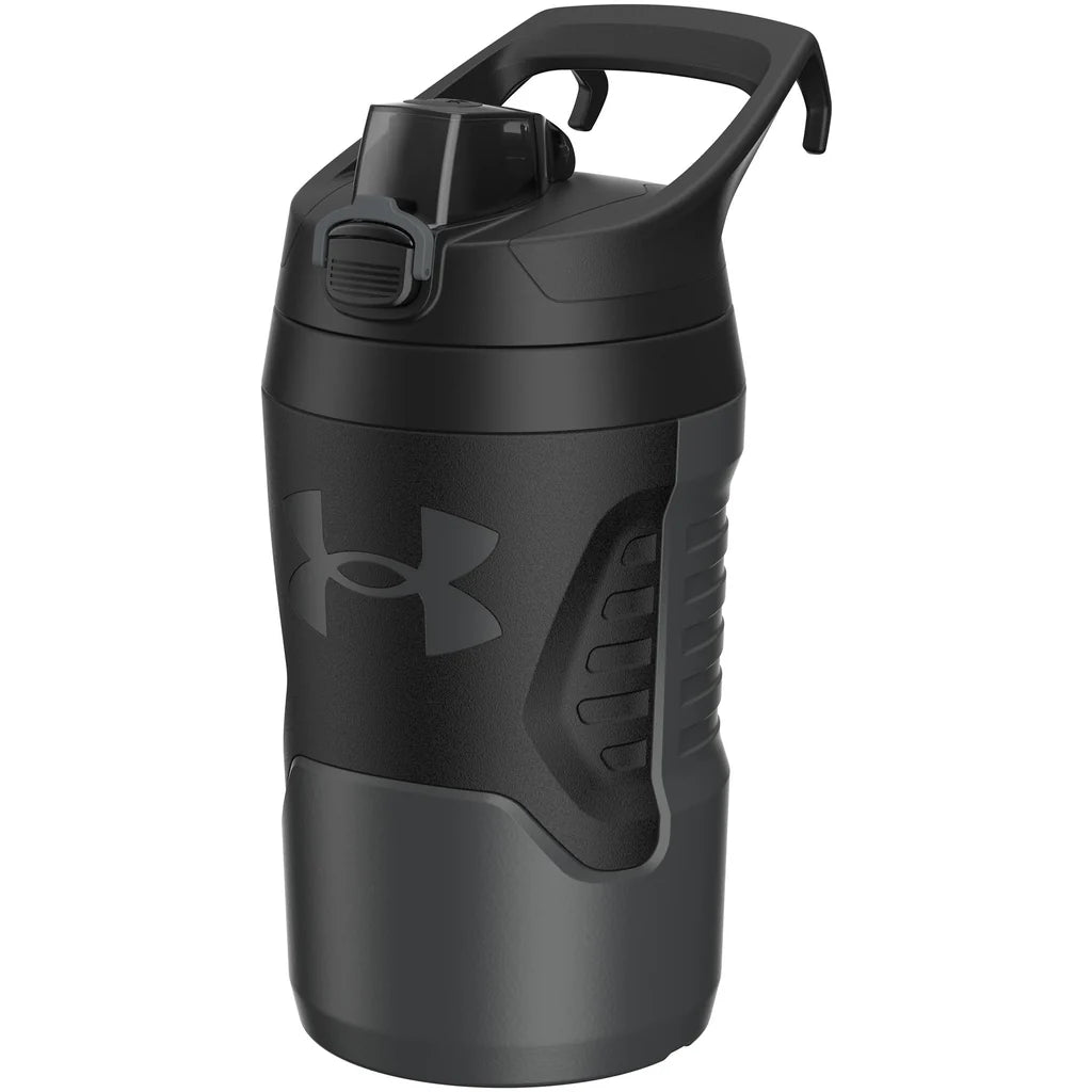 Black water bottle with handle and Under Armour logo on a white background
