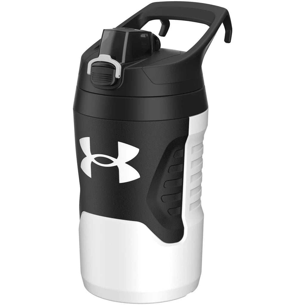Black and white water bottle with Under Armour logo on a white background