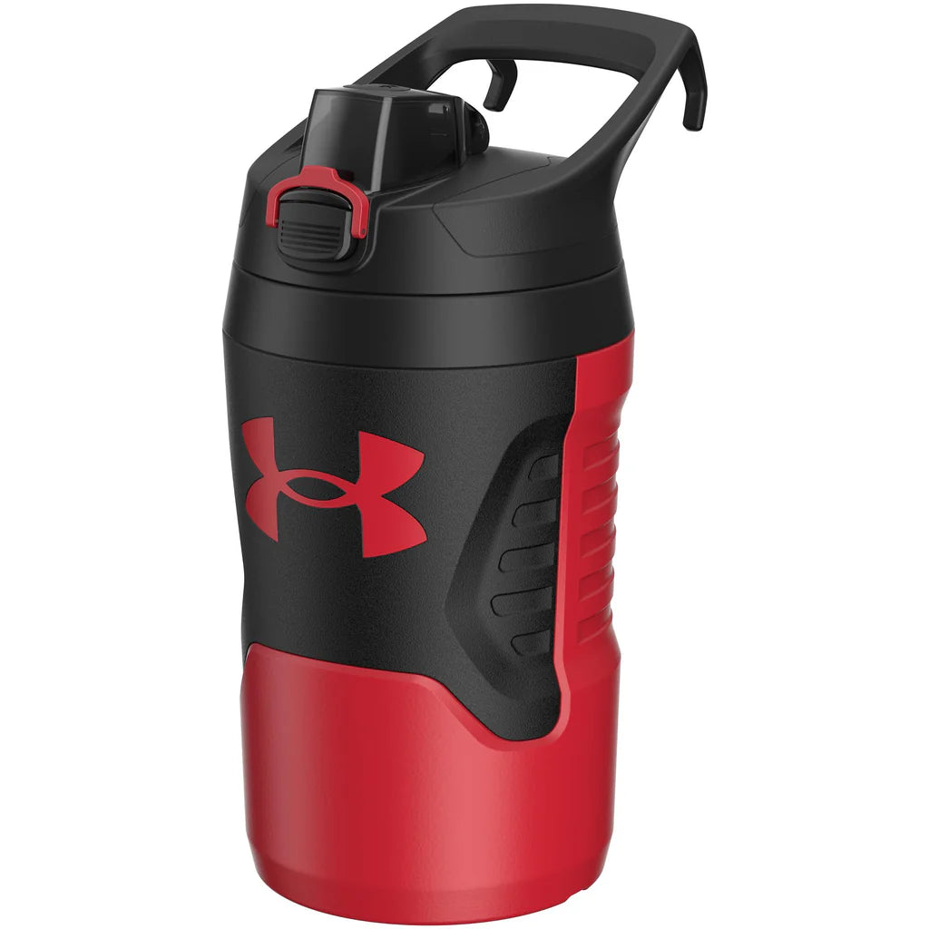 Black and red Under Armour water bottle on a white background