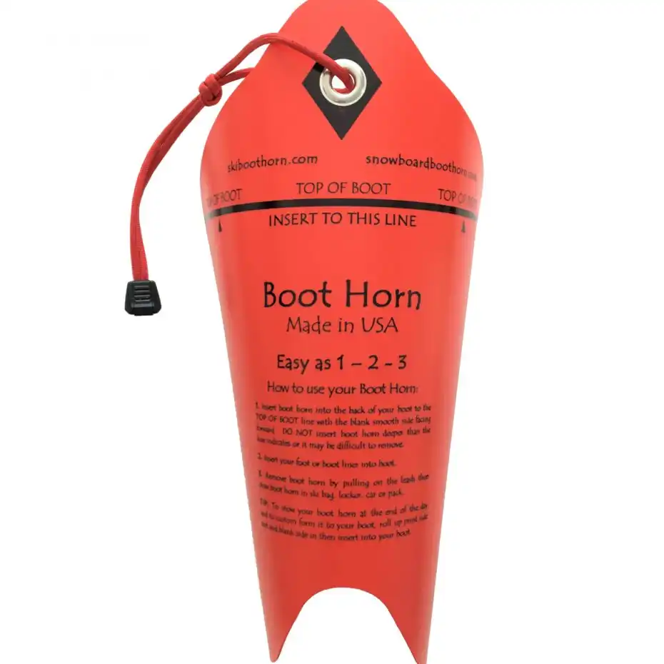 Red boot horn with instructions on a white background
