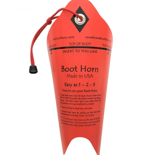 Red boot horn with instructions on a white background