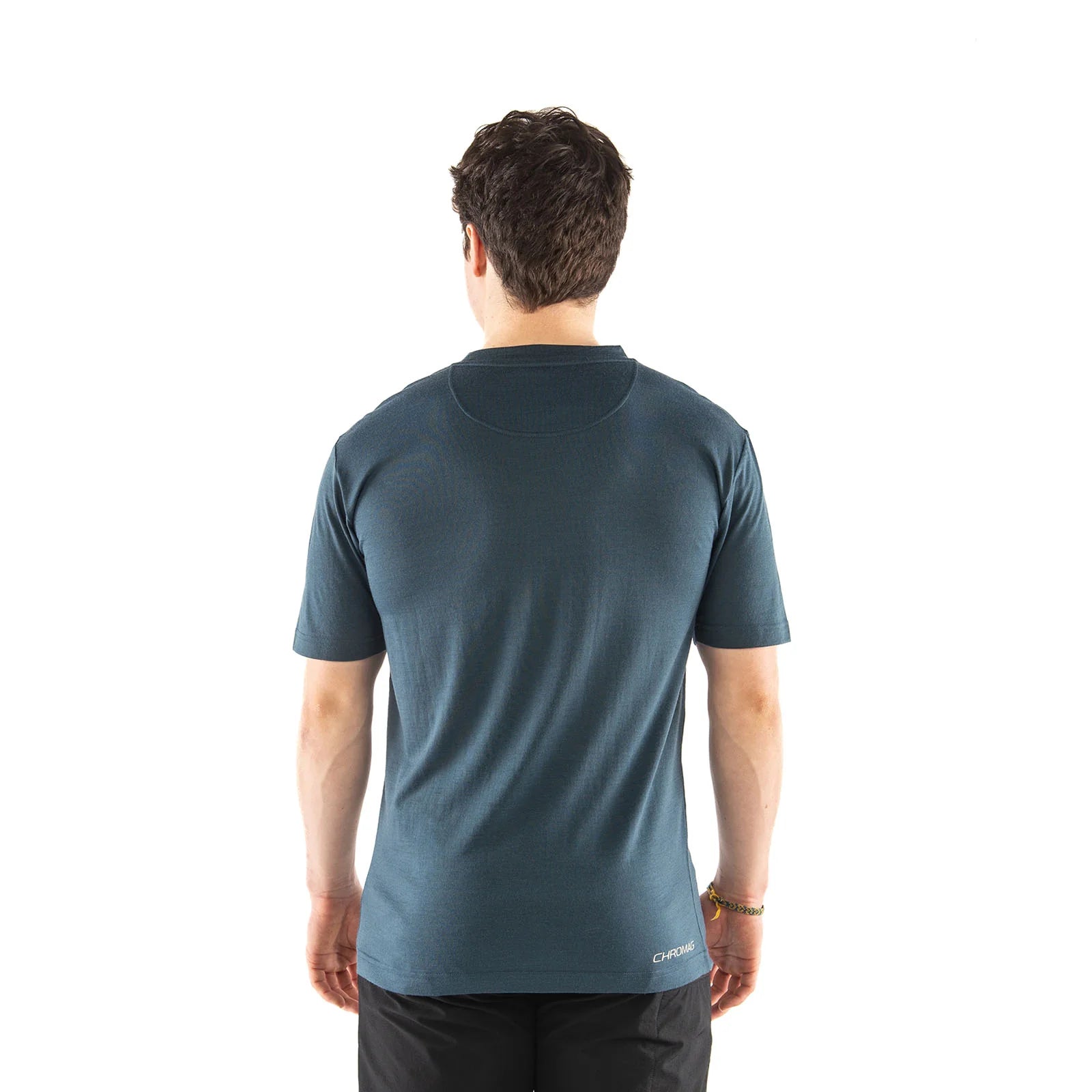 Man wearing a blue t-shirt on a white background