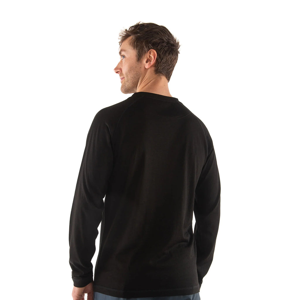 Man wearing a black long-sleeve shirt on a white background