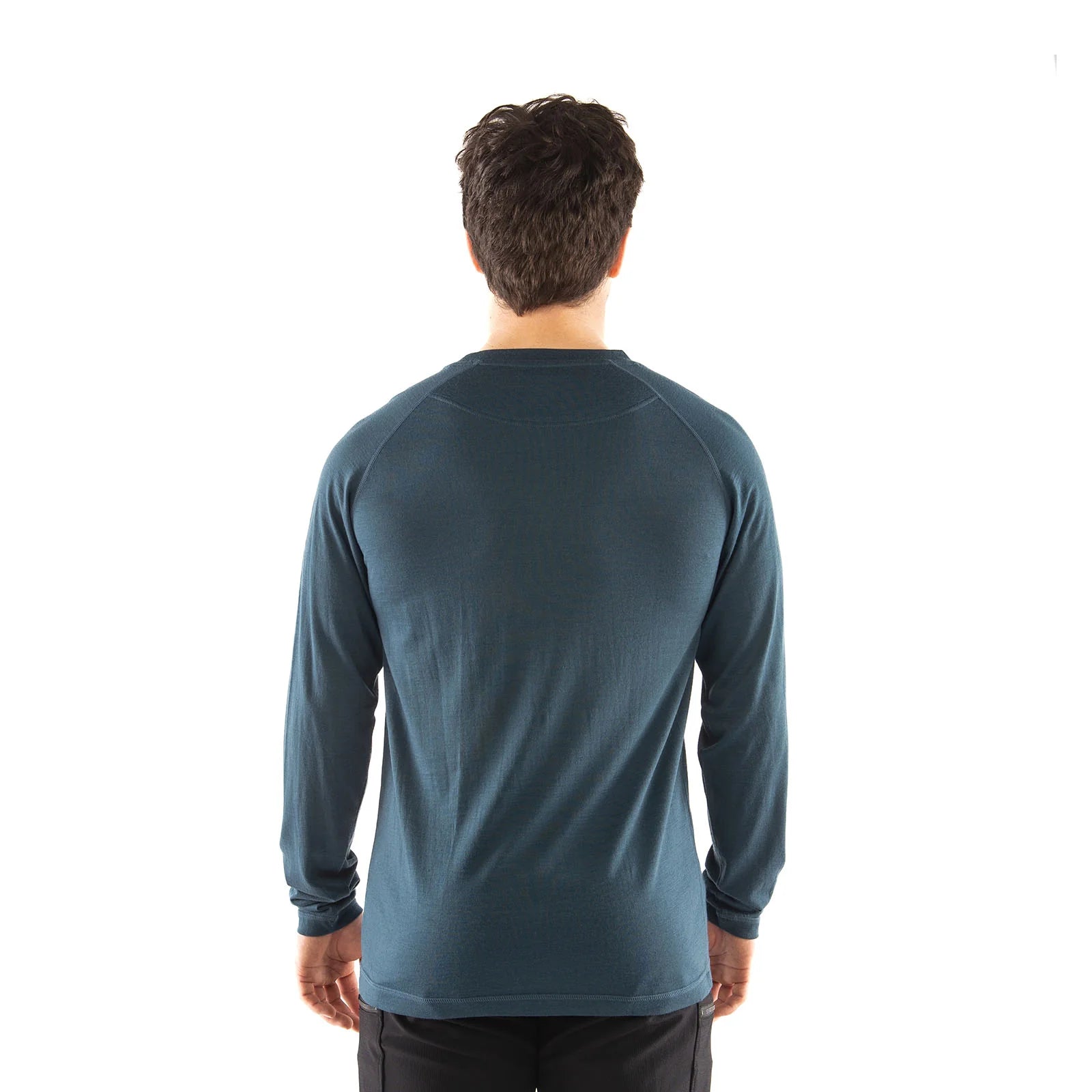 Person wearing a blue long-sleeve shirt on a white background
