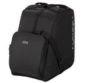 Black backpack with visible branding on a white background