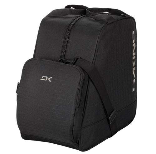 Black backpack with visible branding on a white background