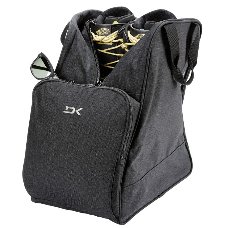 Black ski boot bag with 'DK' logo on a white background
