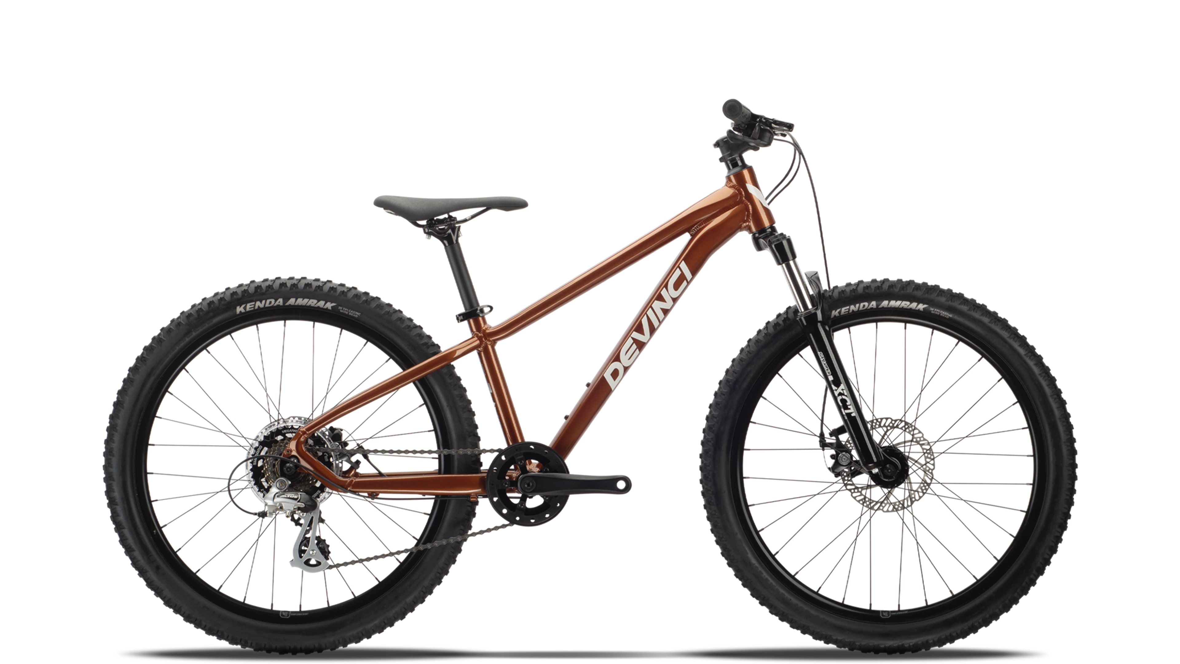 Brown mountain bike with 'Devinci' branding on a white background