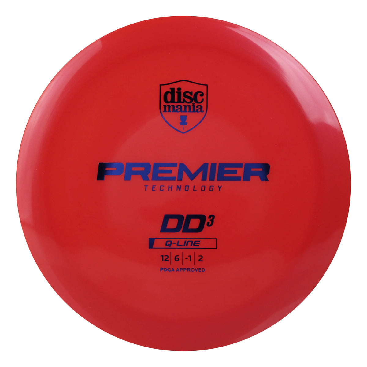 A red Discmania Premier q-Line DD3 disc golf disc on a solid white background.