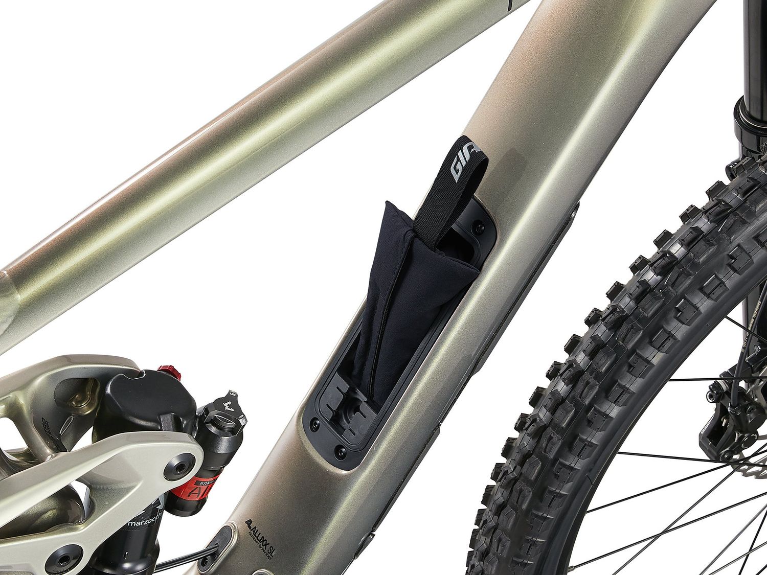 Bicycle frame with a black mudguard attached on a white background