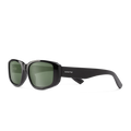 Black sunglasses with green lenses on a white background