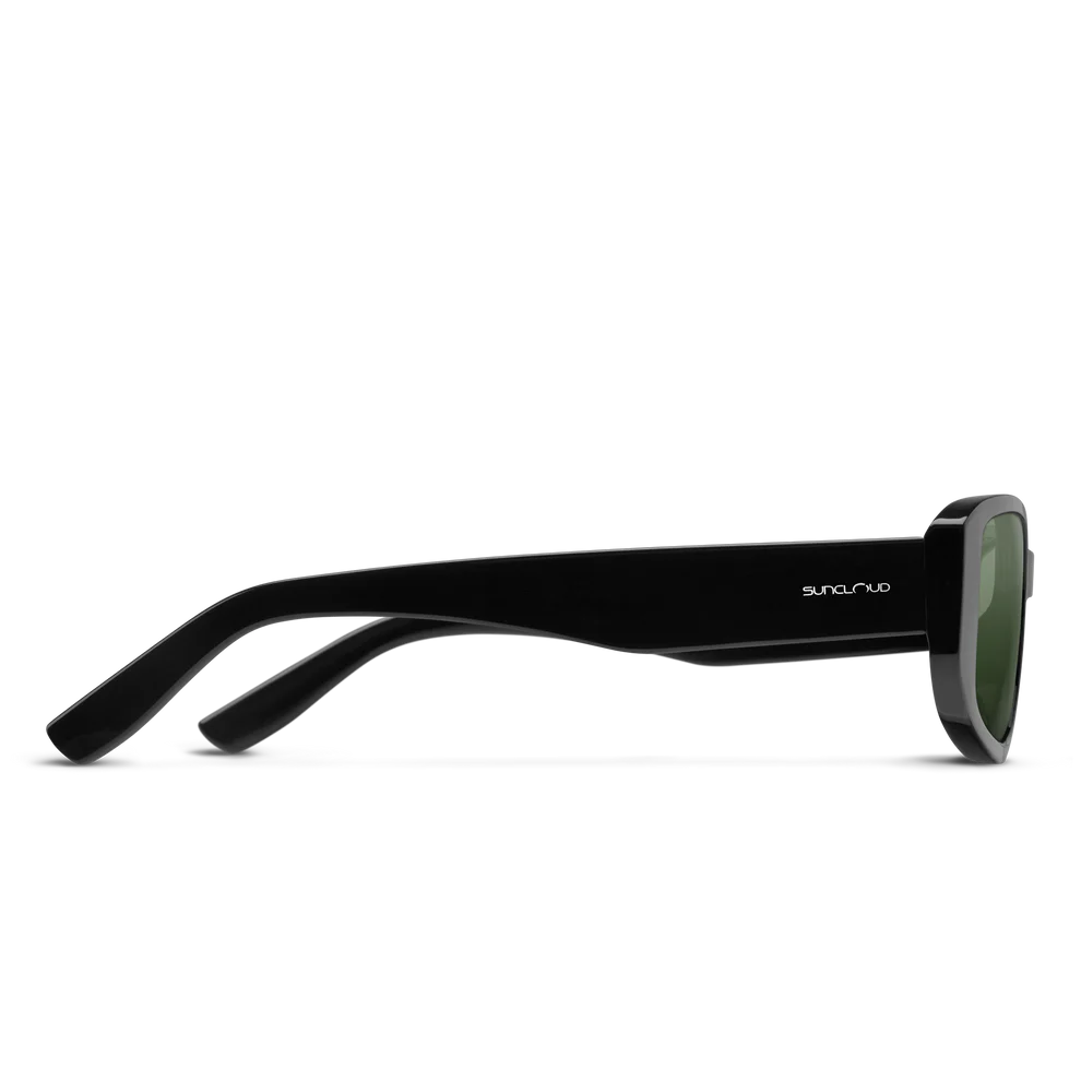 Black sunglasses with a visible brand logo on a white background