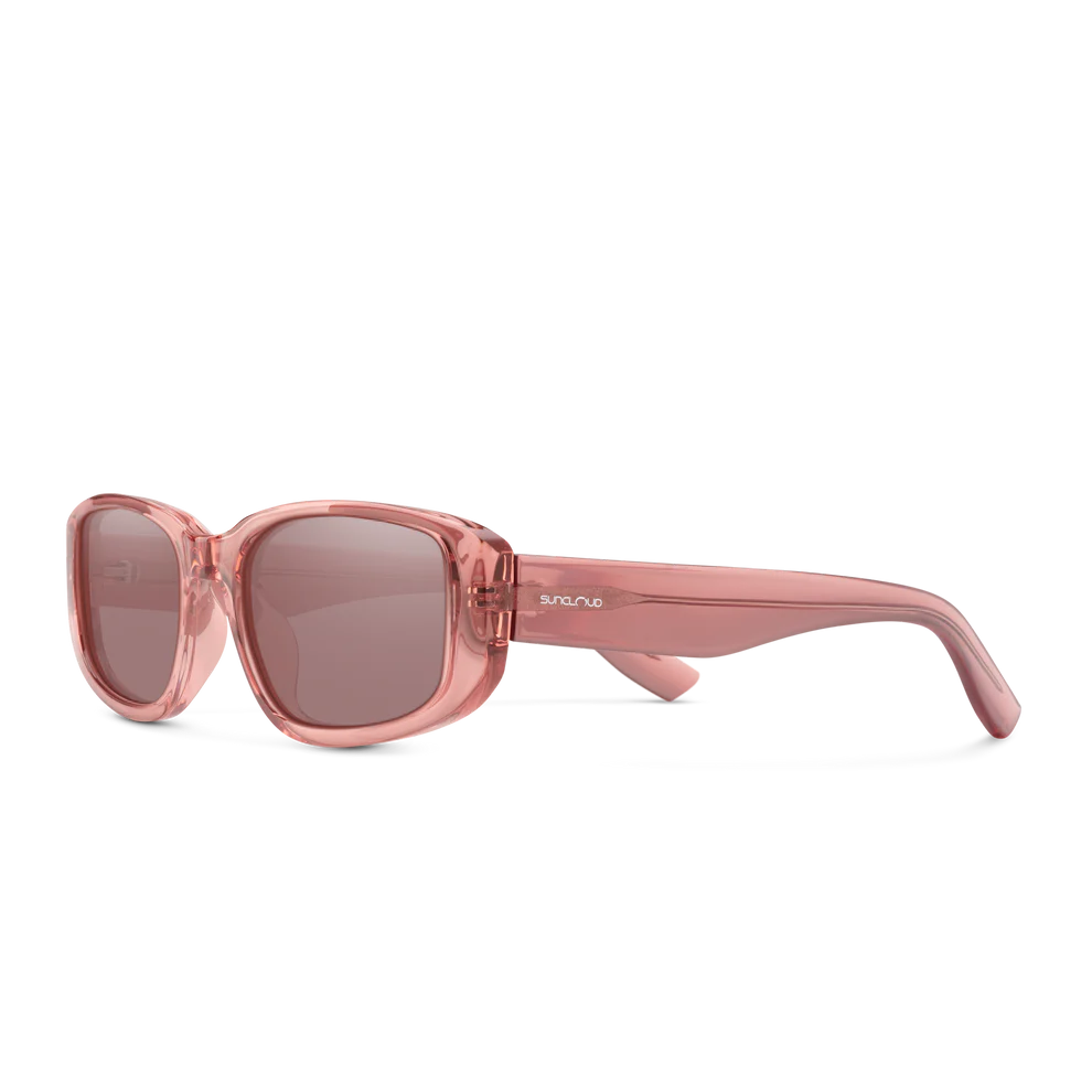 Pink sunglasses with a clear frame on a white background