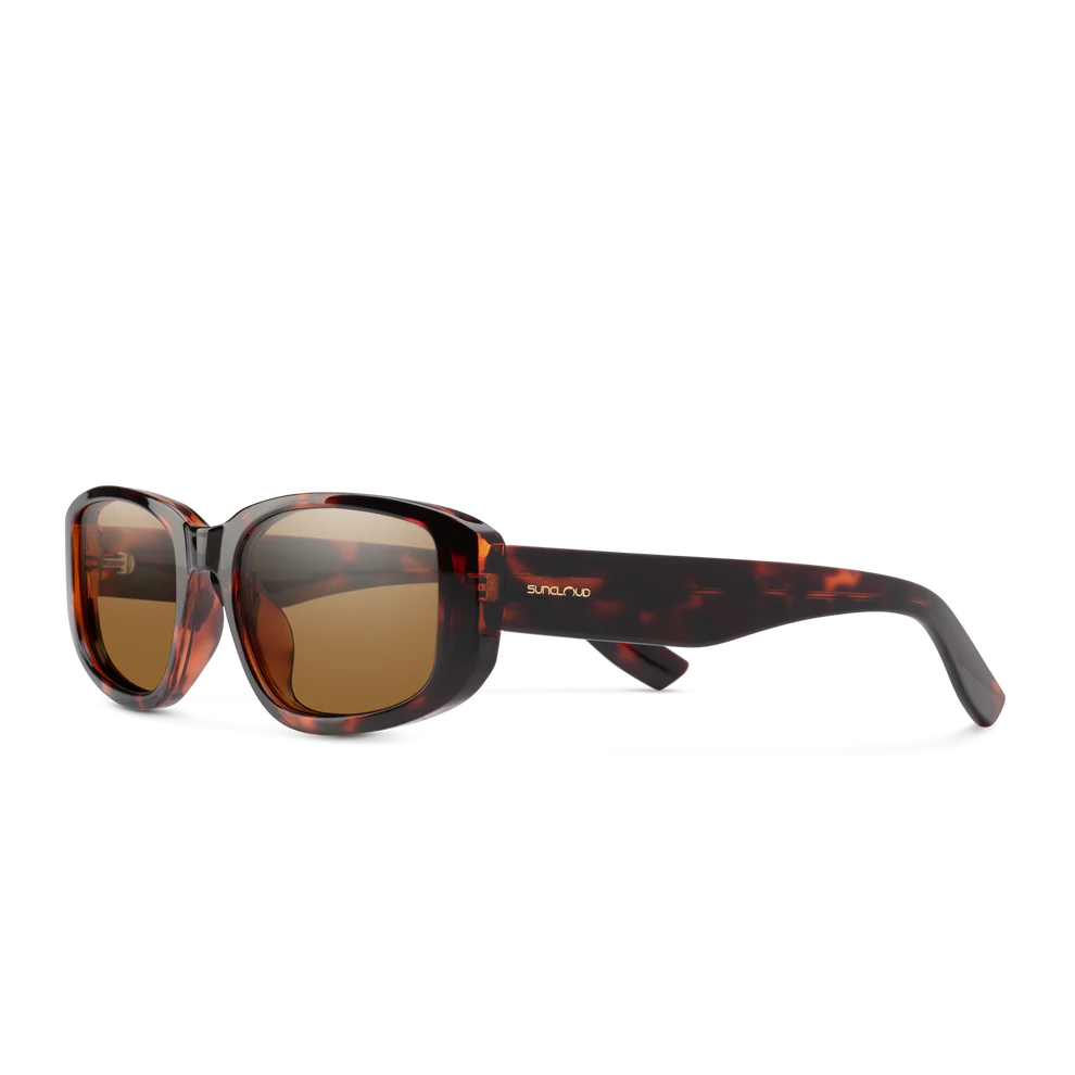 Sunglasses with tortoiseshell frame and brown lenses on a white background
