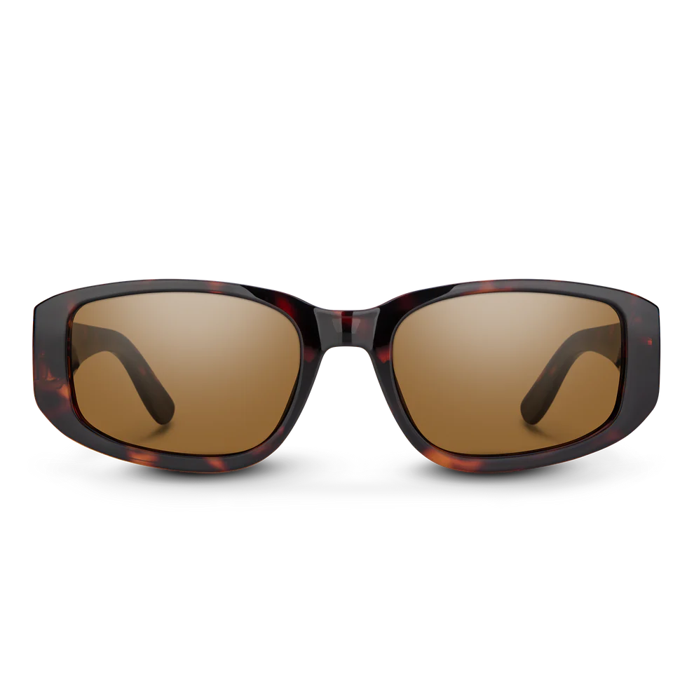 Sunglasses with tortoiseshell frame and brown lenses on a white background