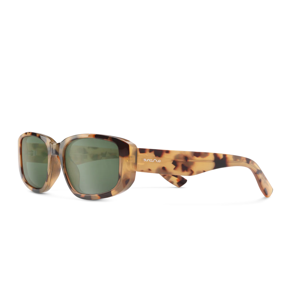 Sunglasses with tortoiseshell frame and green lenses on a white background