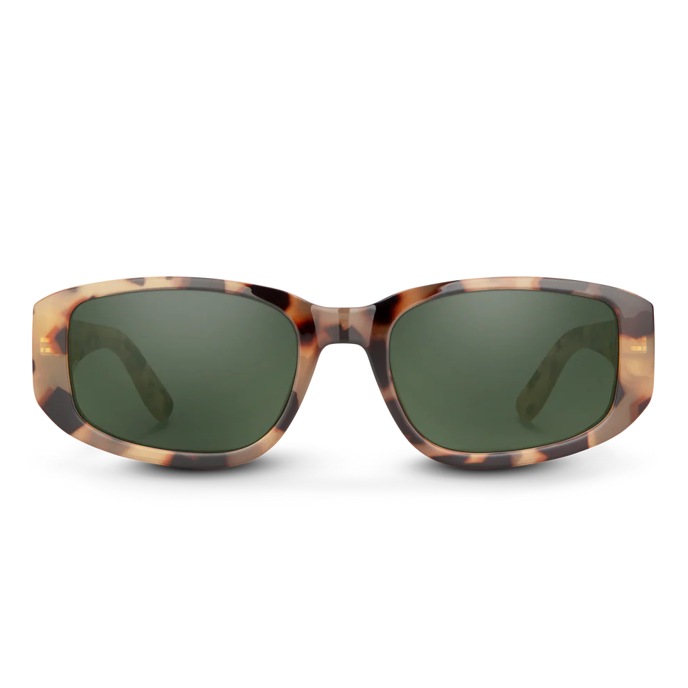 Oversized square sunglasses with a tortoiseshell patterned frame and dark green lenses, shown against a plain white background.
