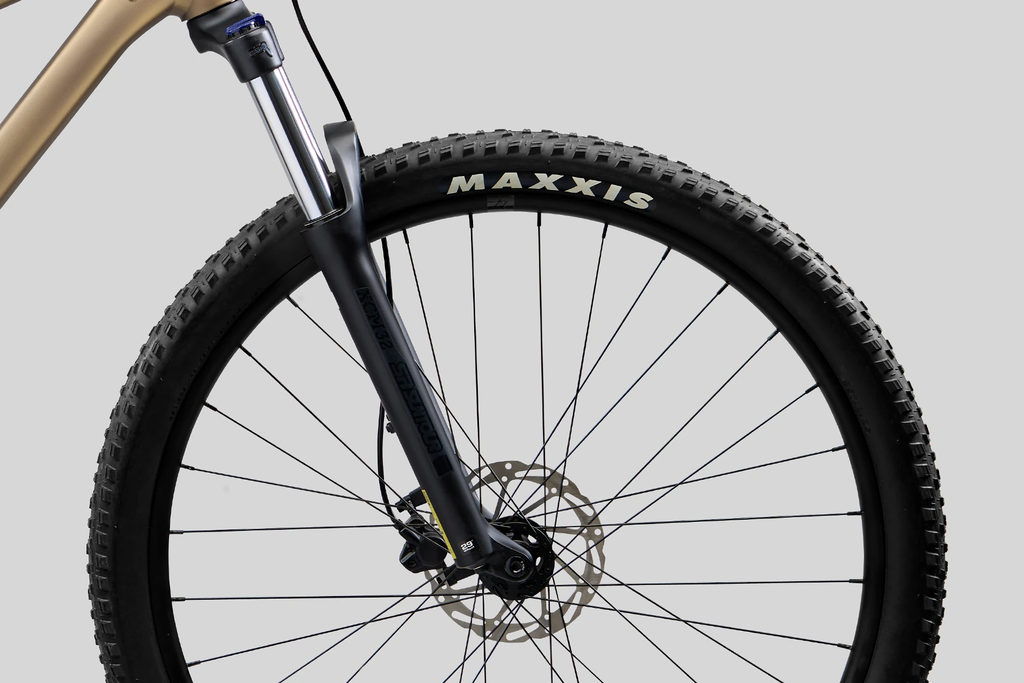 Close-up of a bicycle wheel with Maxxis tire on a light gray background