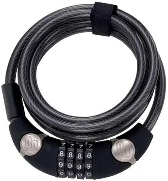 Coiled cable lock with a combination dial on a white background