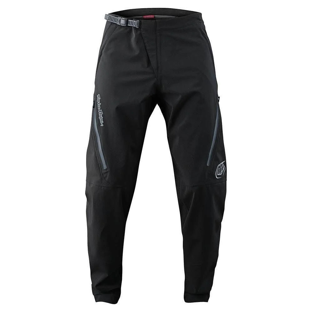 Black pants with brand logos on a white background