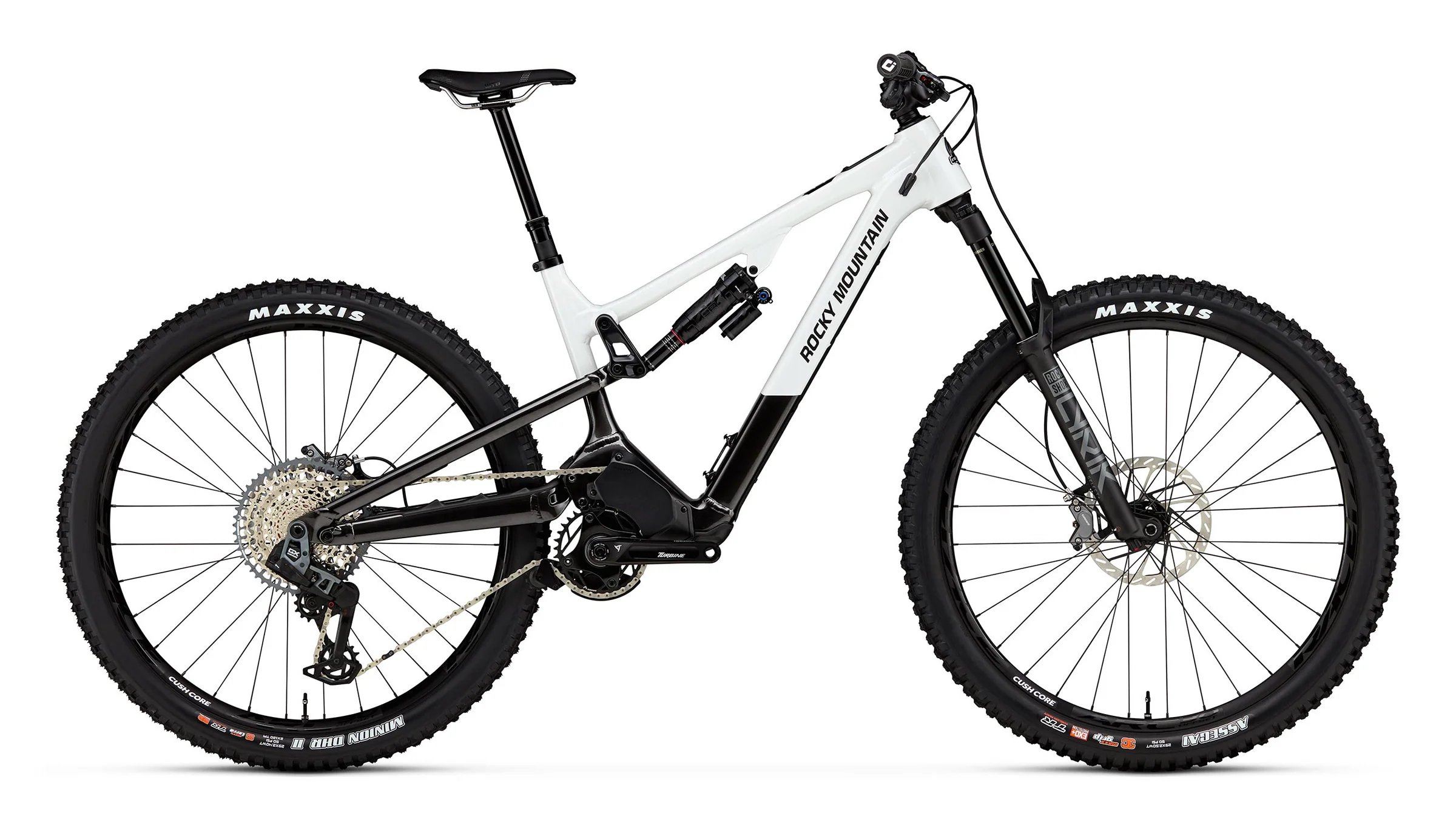 White mountain bike with black components on a white background