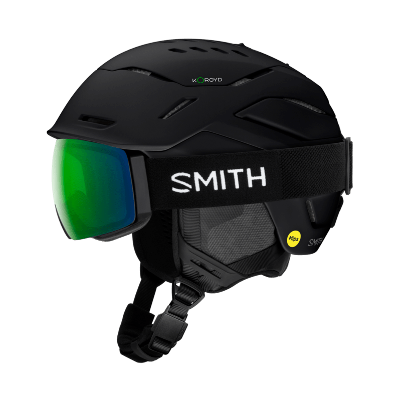 Black Smith helmet with green visor on a transparent background