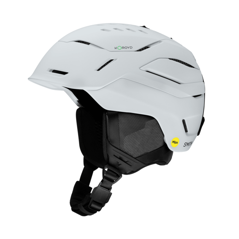 White helmet with black interior and chin strap on a transparent background