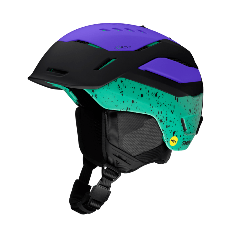 Multicolored helmet with purple and green design on a transparent background