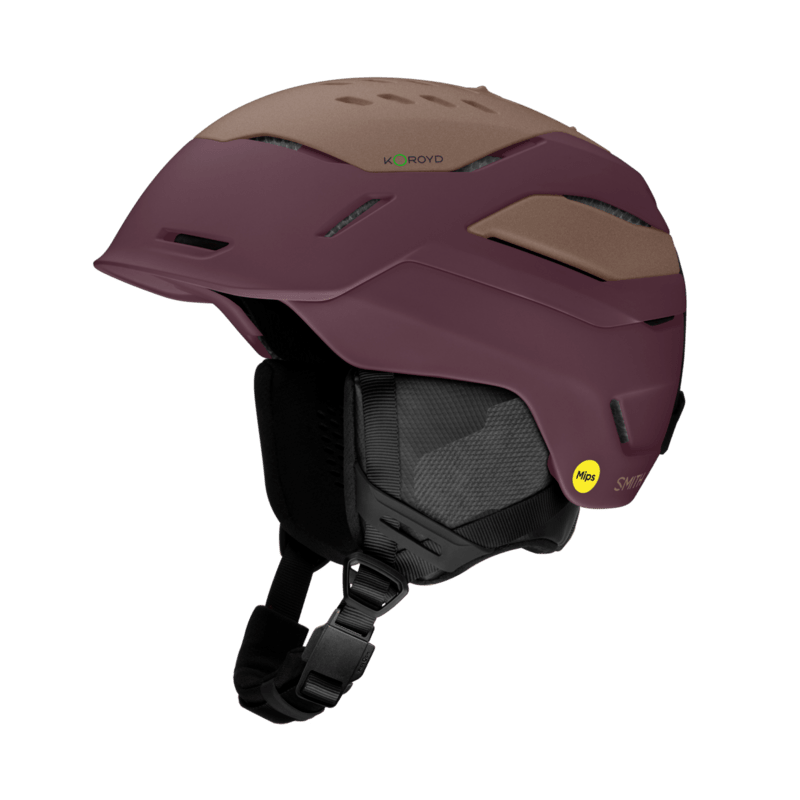 Purple helmet with black strap on a transparent background