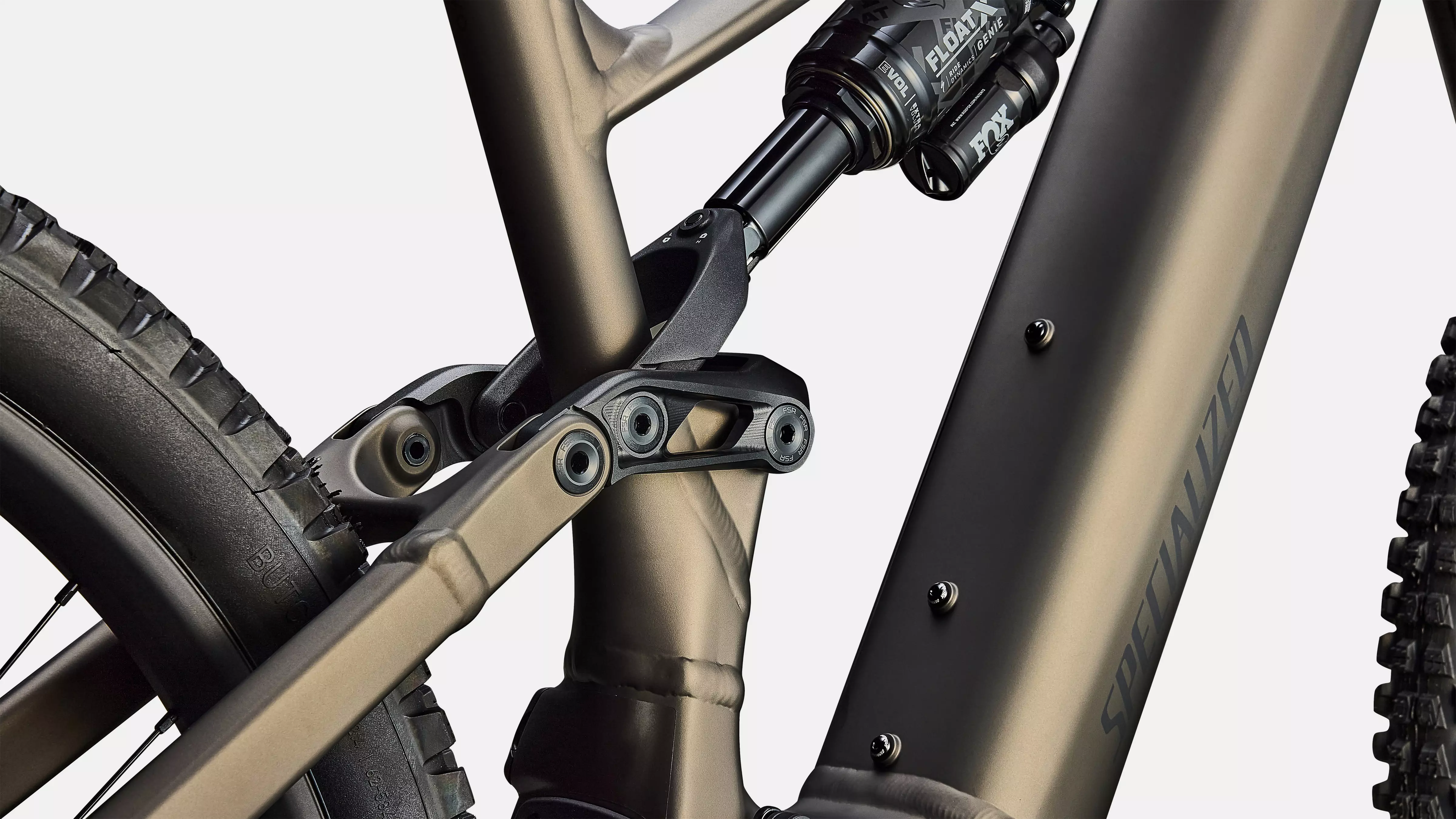 Close-up of a mountain bike's suspension fork and chainstay on a white background
