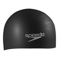 A matte black Speedo swim cap with a silver logo printed on the front, shown against a plain white background.