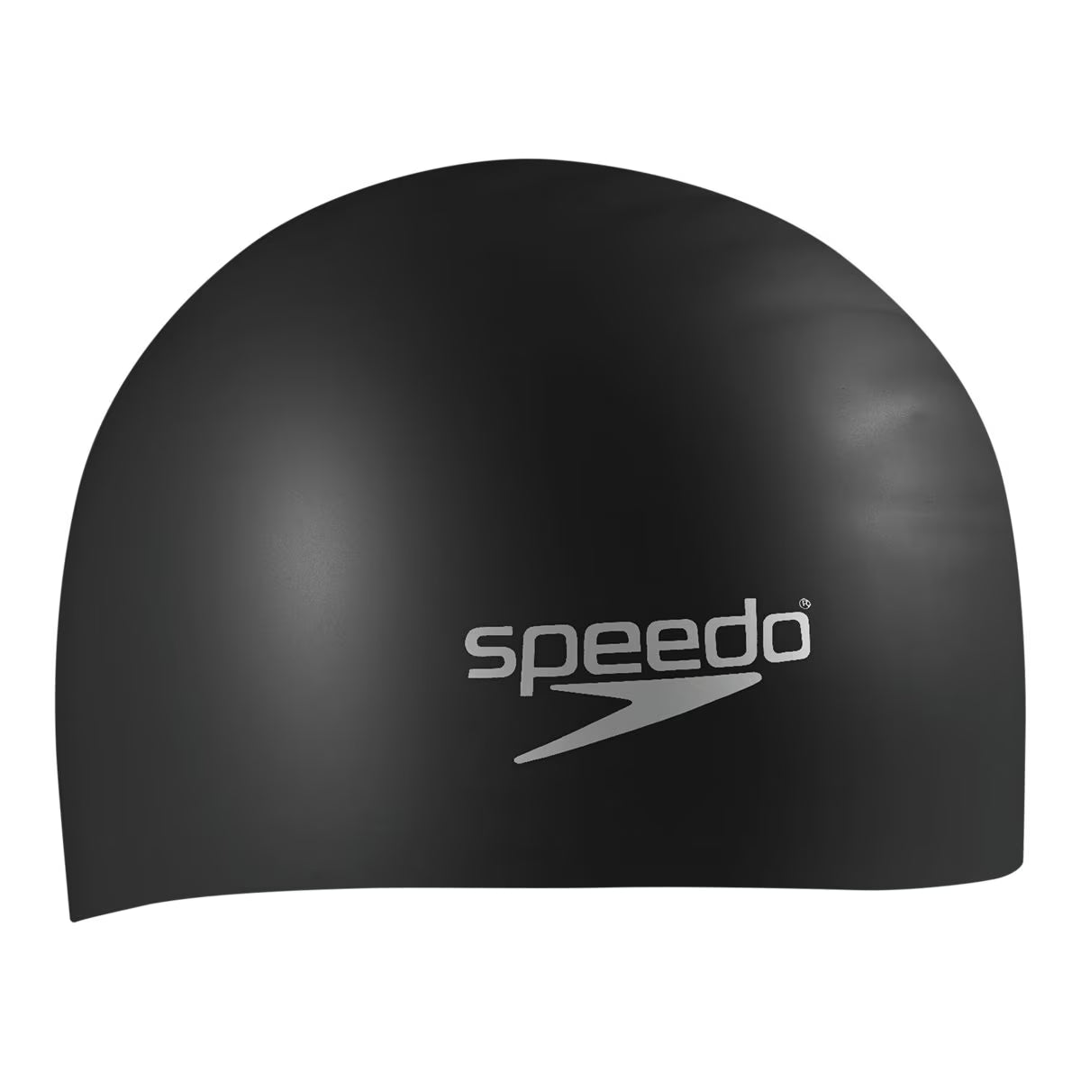A matte black Speedo swim cap with a silver logo printed on the front, shown against a plain white background.