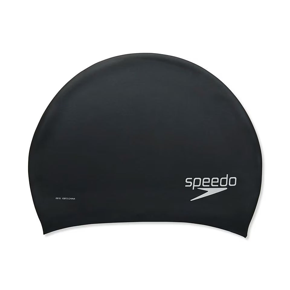 Black swim cap with Speedo logo on a white background