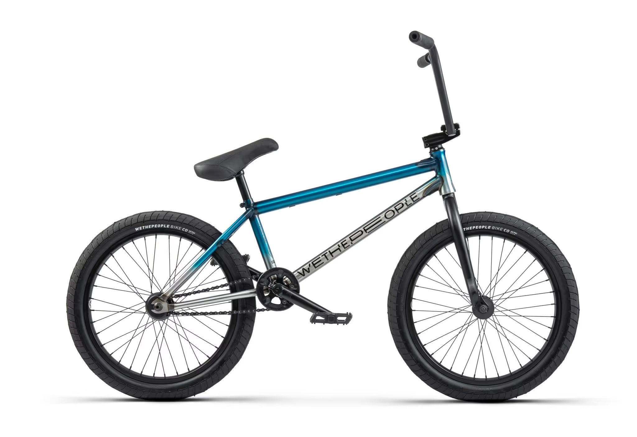 Blue bicycle with black seat on a white background