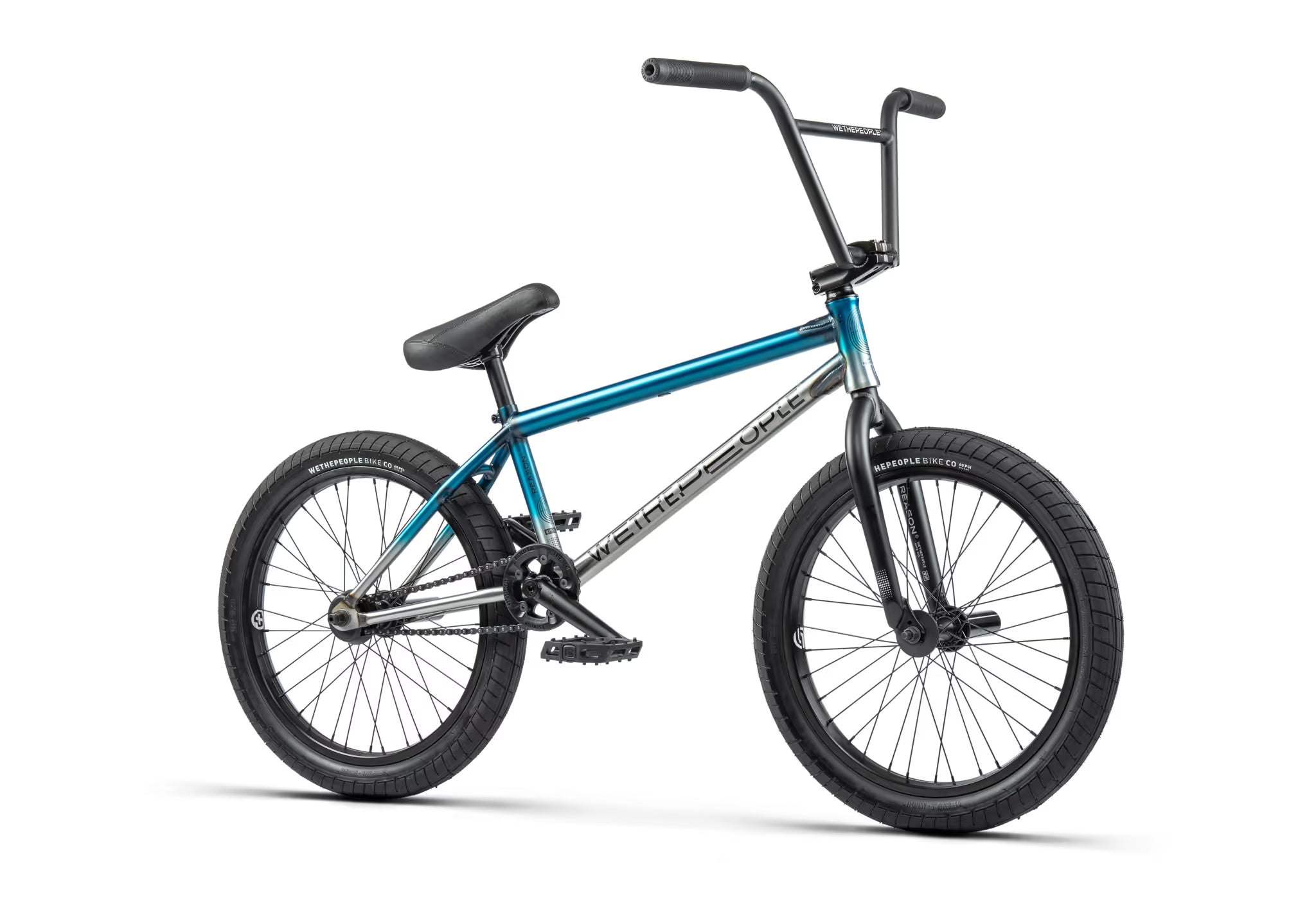 BMX bike with blue frame and black wheels on a white background