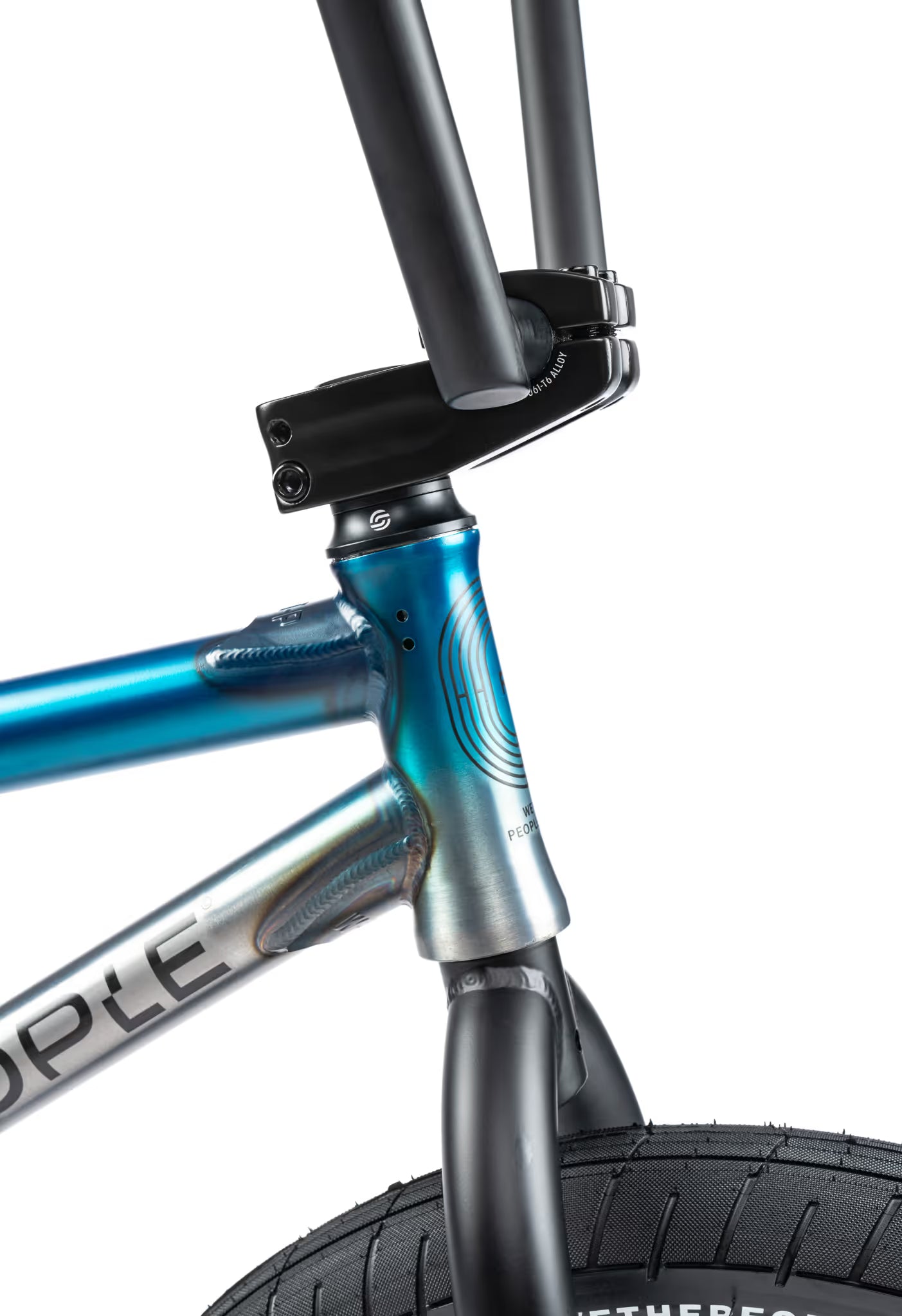 Close-up of a bicycle frame with blue and silver color scheme on a white background
