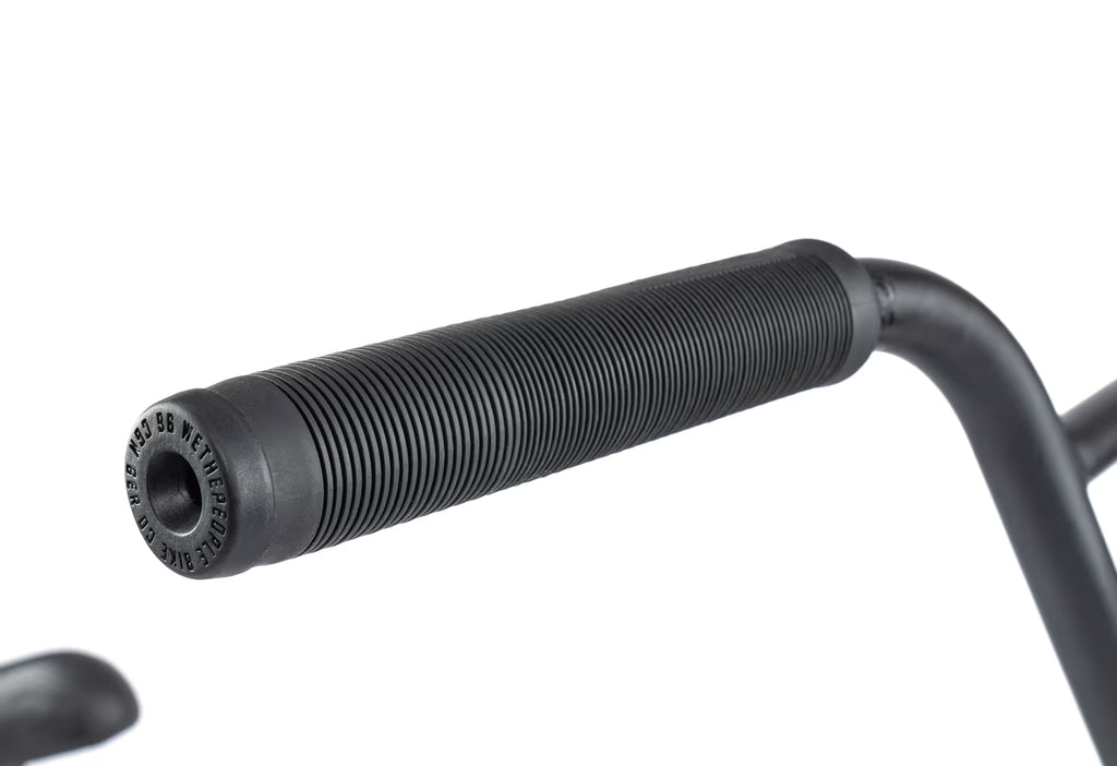 Close-up of a black bicycle handlebar with textured grip on a white background