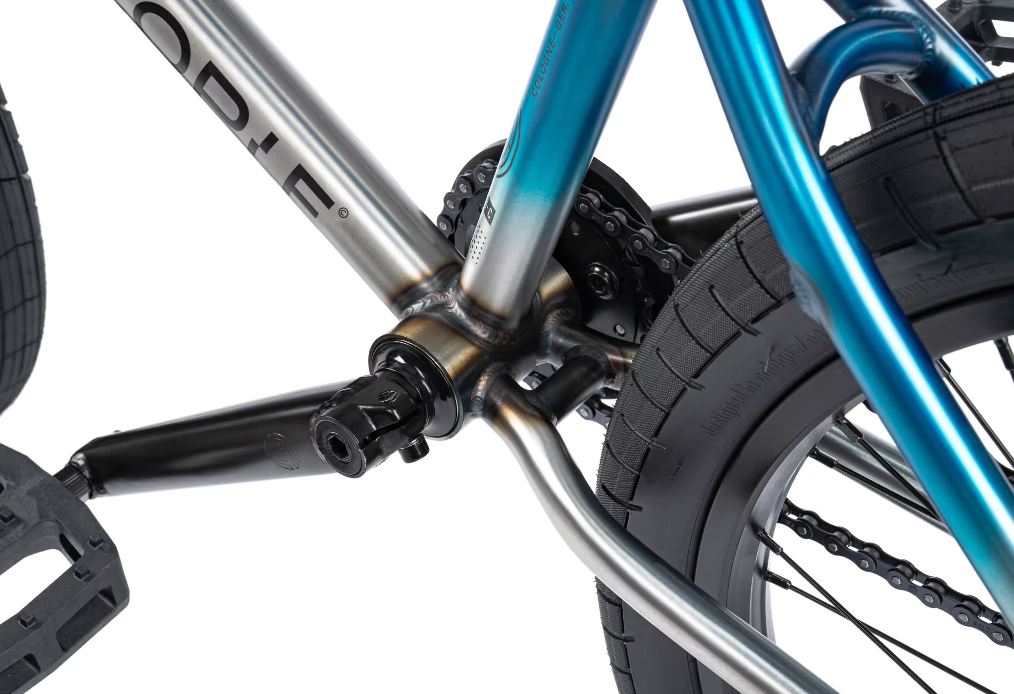 Close-up of a bicycle frame with blue and silver color scheme on a white background