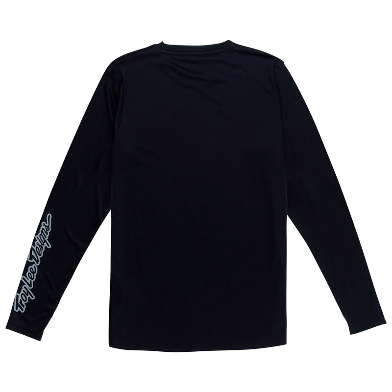 Black long-sleeve shirt with white text on sleeve against a white background