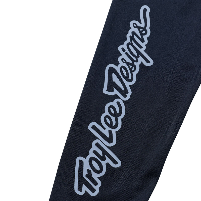 Black sweatpants with white text logo on a white background