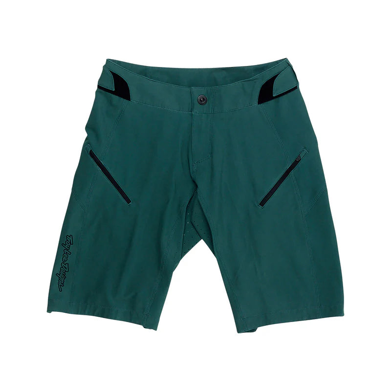 Teal shorts with black accents on a white background