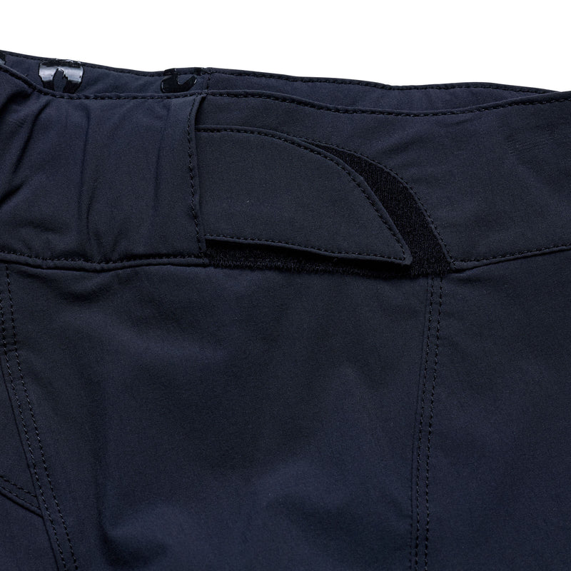 Close-up of dark blue pants with a focus on the waistband and fabric texture.